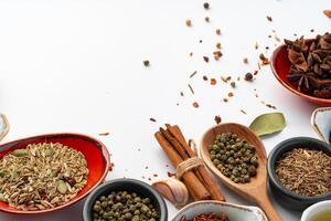 Bowls with various spices on white background photo