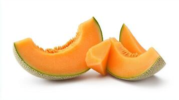 Freshly sliced cantaloupe pieces arranged on a white background, showcasing the bright orange fruit in an appealing display photo