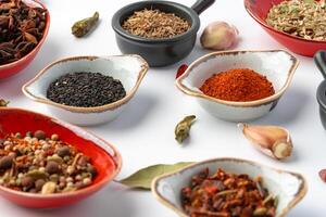 Bowls with various spices on white background photo