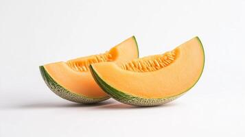 Freshly cut cantaloupe slices arranged on a plain white background for a healthy summer snack display photo
