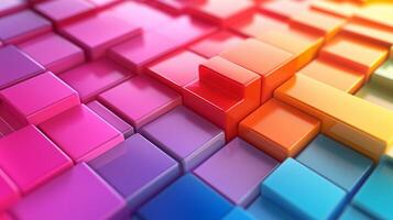 Colorful geometric blocks arranged in layers create a vibrant abstract background with variations of purple, red, and orange hues photo