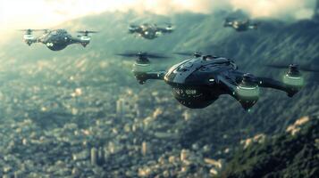 Futuristic drones flying over a cityscape with mountains in the background during the golden hour of dusk photo