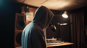 A hooded artist stands in a dimly lit recording studio, preparing to create late at night amidst equipment and instruments photo