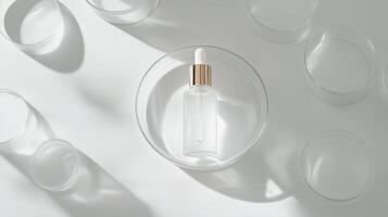 Clear glass serum bottle placed on a reflective surface surrounded by circular containers in soft natural light photo