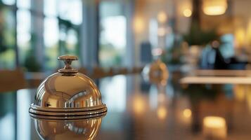 Elegant service bell on polished table in a modern restaurant during evening hours with soft lighting and a warm ambiance photo