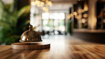 Elegant brass bell rests on a wooden counter in a modern cafe with soft lighting and green plants in the background during daytime photo