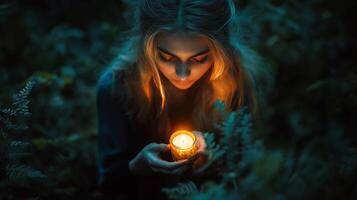 Young woman gently holding a glowing candle while surrounded by lush greenery during twilight in a tranquil forest setting photo