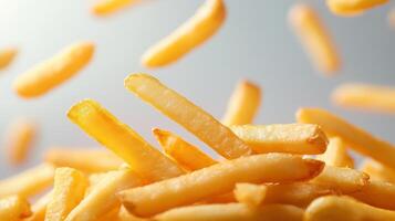 Golden, crispy French fries falling against a light background in a playful, dynamic arrangement during a casual dining setting photo