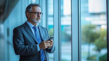 A businessman in a suit stands by the window, looking thoughtfully at his smartphone in an office building during daylight hours photo