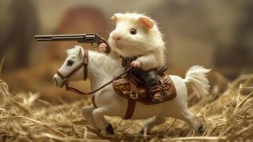 A small white guinea pig rides a horse while wielding a toy gun in a hay-filled stable during a playful Western-themed setting photo