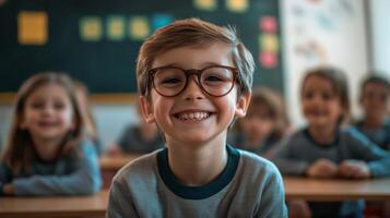 Smiling boy in glasses enjoys learning in a vibrant classroom filled with engaged classmates during a sunny school day photo