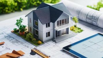 A detailed architectural model of a house displayed on blueprints with drafting tools and a tablet showing plans for design photo