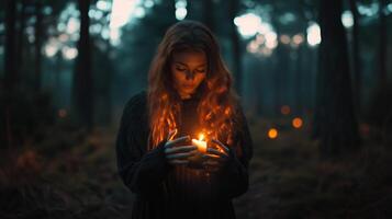 A woman holds a glowing candle in a serene forest at twilight surrounded by a mysterious atmosphere photo