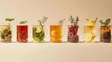 Herbal teas steeping in various glass mugs with fresh herbs and fruits displayed in a clean, light setting photo
