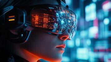 A person wearing futuristic augmented reality glasses engages with a digital interface in an advanced technology lab setting photo