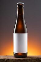 Blank label on the beer bottle on dark background. photo