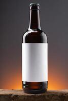 Blank label on the beer bottle on dark background. photo