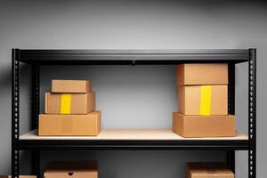 Rows of shelves with cardboard boxes in modern warehouse photo