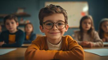 A cheerful young boy in a cozy classroom setting with classmates engaged in an art project during morning hours photo