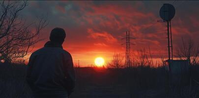 A man stands alone against a vibrant sunset sky over an open field with tall grasses and distant power lines photo