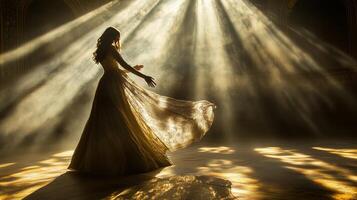 A graceful dancer in a flowing gown illuminated by soft beams of light in a majestic indoor setting photo