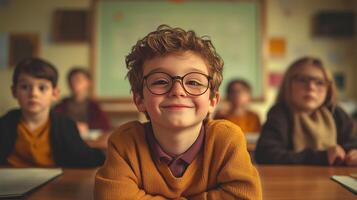 Young boy with glasses smiles in a classroom filled with eager peers during a lesson on a bright school day photo