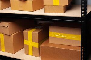 Rows of shelves with cardboard boxes in modern warehouse photo