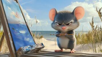 A determined mouse paints on a beach easel during a sunny day by the ocean, showcasing creativity and focus in its artwork photo