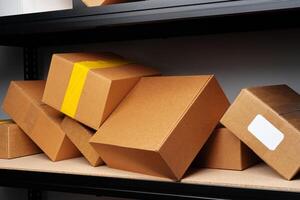 Rows of shelves with cardboard boxes in modern warehouse photo