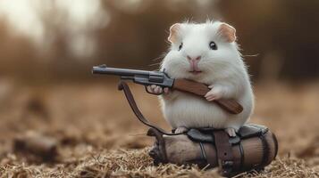 A curious hamster wielding a tiny gun sits atop a wooden barrel outdoors during golden hour photo