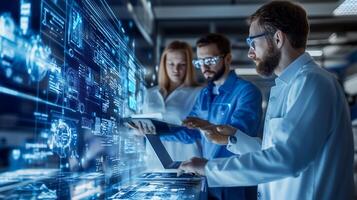 Researchers collaborating in a high-tech laboratory while analyzing data on a digital interface in a modern setting photo