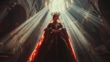 A majestic woman in regal attire stands in a cathedral, illuminated by divine light streaming through stained glass windows photo