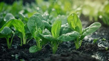 Freshly sprouted spinach plants grow in nutrient-rich soil during a gentle rain on a sunny day in a garden photo