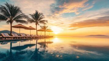 Relaxing sunset at a luxury resort pool with palm trees and tranquil ocean view in a tropical location photo