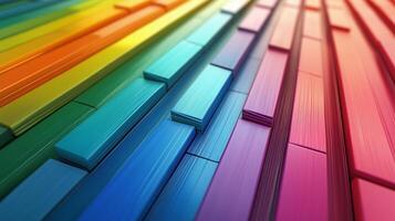 Vibrant arrangement of colorful wooden planks arranged in a gradient pattern, showcasing various hues and textures photo