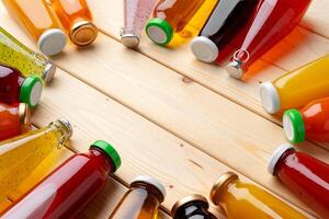 Different bottles of juice on wooden table photo