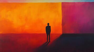 A solitary figure stands against a vibrant backdrop of orange and purple during dusk in an abstract landscape photo