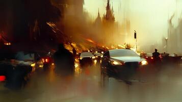 A busy urban street in the evening with blurred cars and soft neon lights reflecting on wet asphalt during a light rain fall photo
