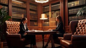 Two professionals discussing legal matters in a stylish library setting during the afternoon photo