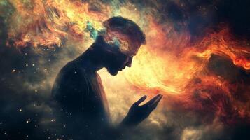 A surreal representation of a person contemplating thoughts amidst a cosmic explosion of colors and light in a dreamlike setting photo