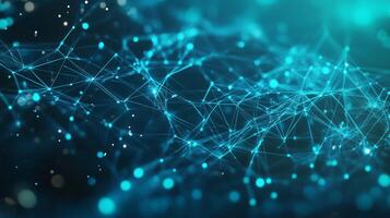 Abstract digital network visualization with interconnected nodes and bright blue accents in a dark background photo