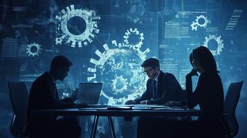 Business professionals collaborating on data analysis with digital graphs and gears in a modern office setting photo