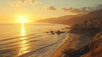 Serene sunset over the tranquil beach with gentle waves lapping against the shore on a warm evening photo
