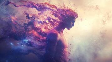 A surreal figure surrounded by cosmic clouds explores the depths of imagination in a vibrant and ethereal scene photo