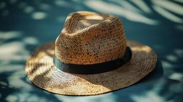 Stylish straw hat resting on a blue surface with soft shadows from nearby foliage during a sunny day photo