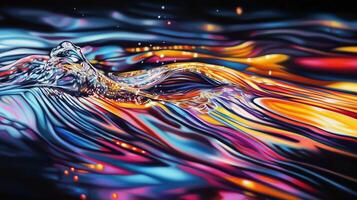 Vibrant swirling colors create a dynamic water surface at dusk in an abstract representation of motion and light photo