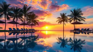 Stunning sunset reflecting in a tranquil pool surrounded by palm trees at a serene beach resort photo