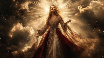 A mystical figure in a flowing gown stands majestically against a celestial backdrop of clouds and light during a dramatic twilight photo