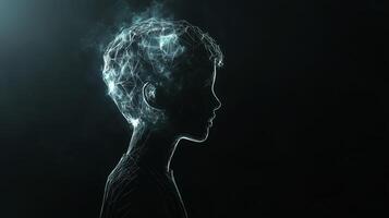 A silhouette of a child's profile illuminated by abstract technology-inspired light, symbolizing creativity and imagination in a dark setting photo