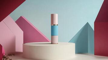 A modern cylindrical product displayed on a circular pedestal against a vibrant, geometric background of pastel colors photo